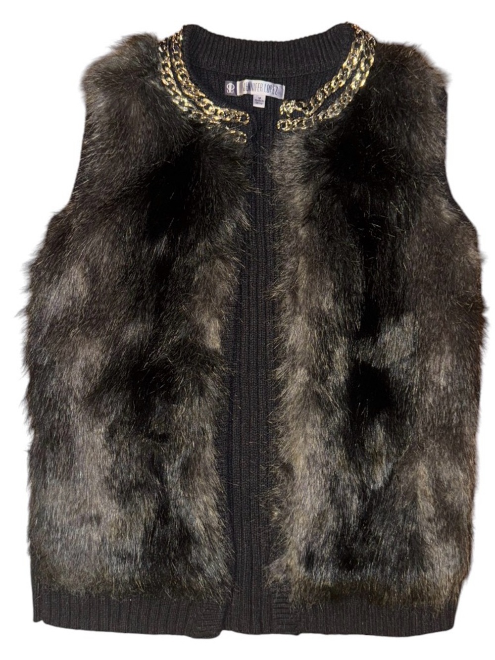 Y2K Jennifer Lopez Faux Fur Chain Neckline Vest Charcoal Black Sweater Vest M